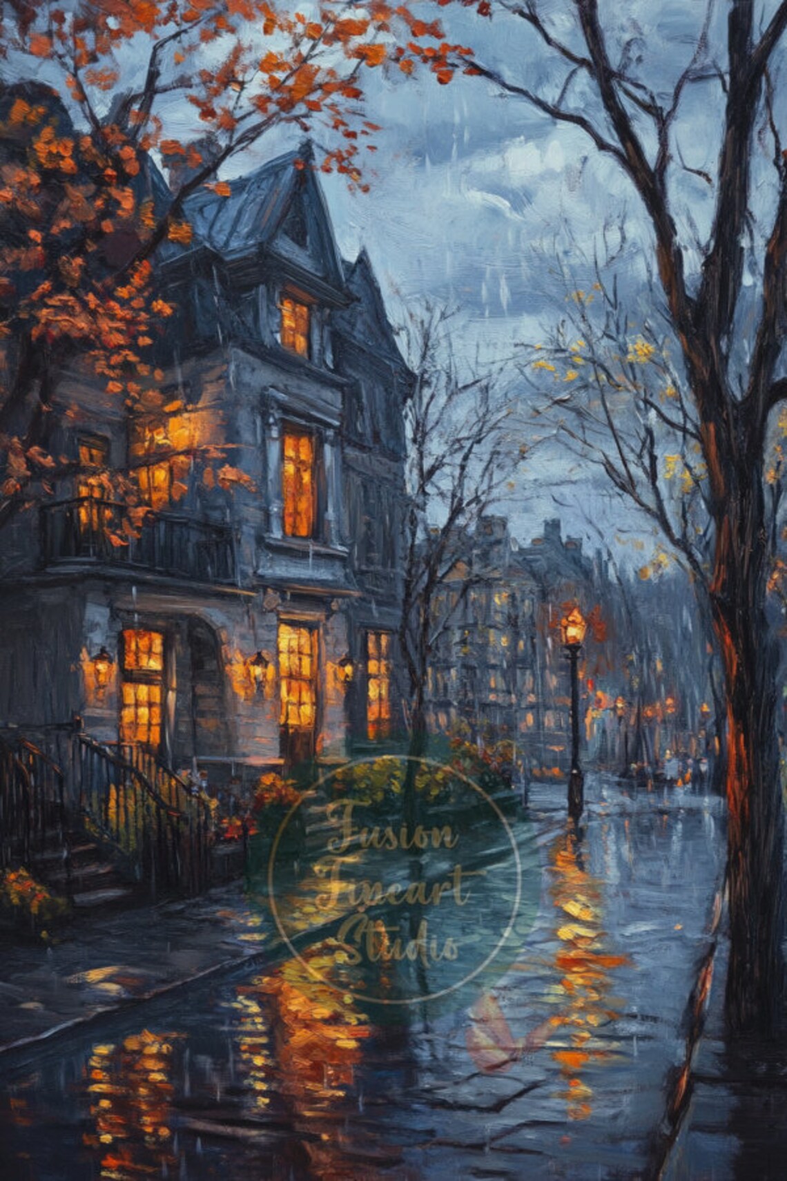Rainy Autumn Street Victorian Houses Glowing Windows Night Poster - Image 3