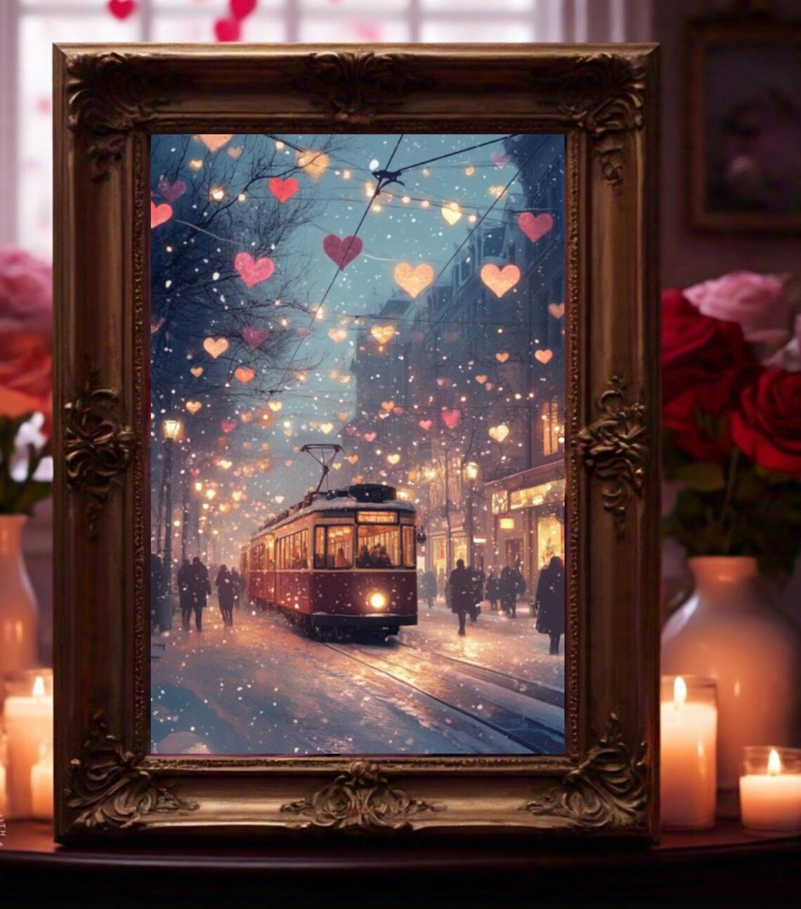 Vintage Tram Snowy City Night Glowing Heart Lanterns Scene Poster