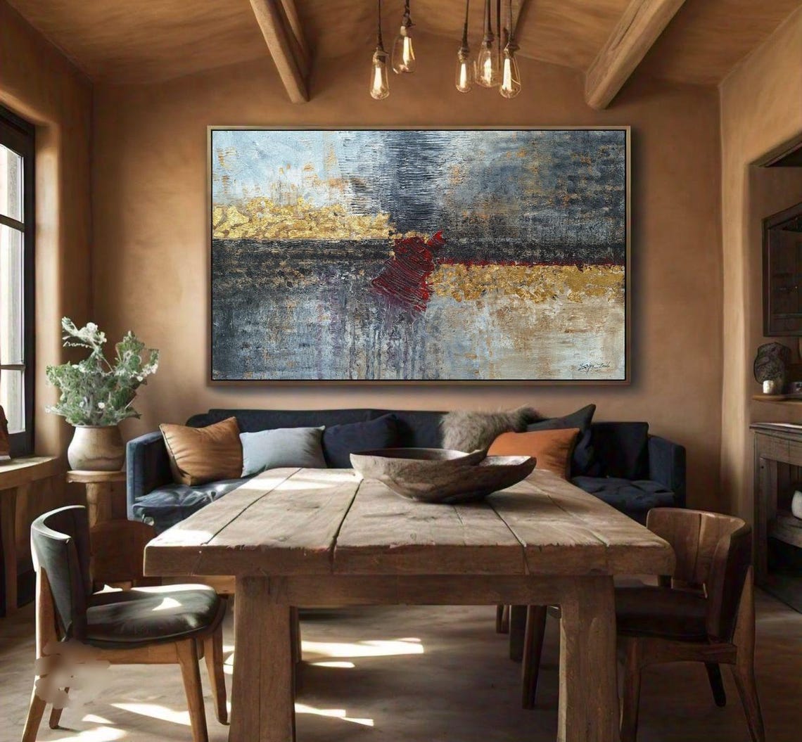 Charcoal Gray Gold Red Abstract Horizon Modern Original Art Poster - Image 2