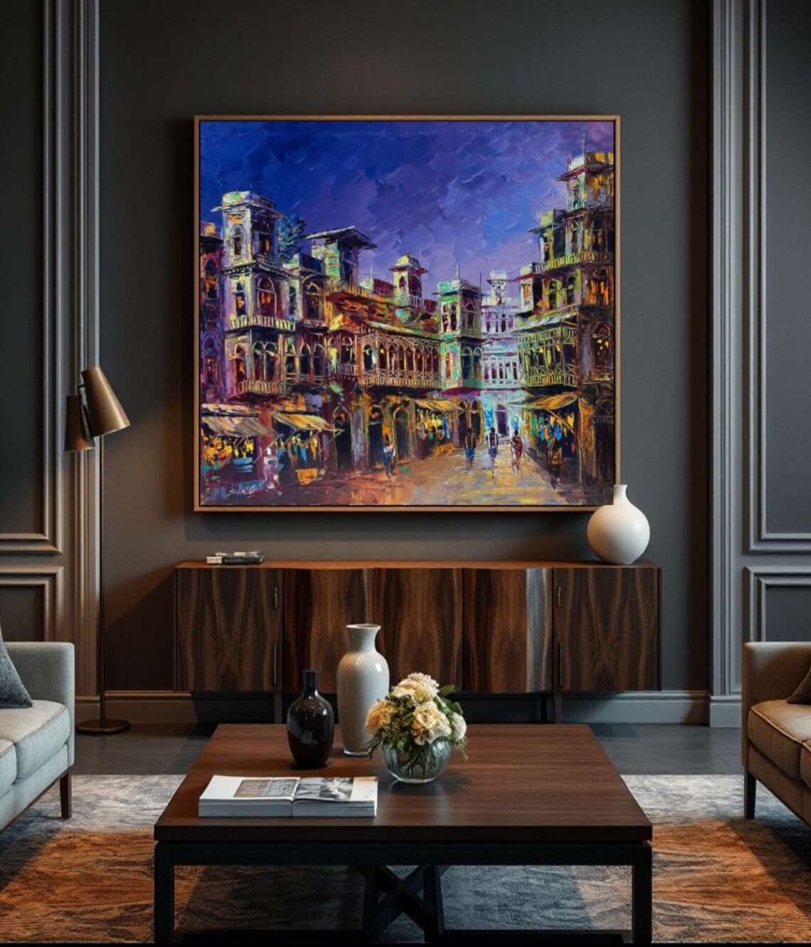 Old Town Night Market Colorful Buildings Original Oil Painting Poster - Image 2