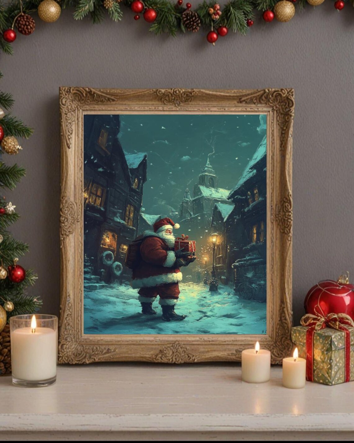 Santa Claus Gifts Snowy Village Street Teal Night Scene Poster - Image 2