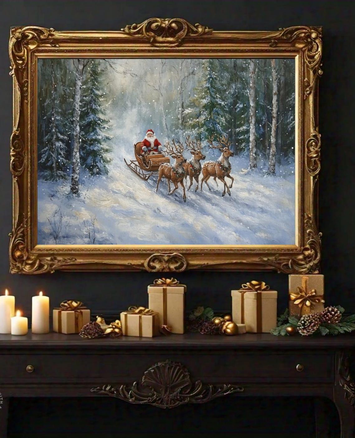 Santa Sleigh Three Reindeer Snowy Birch Forest Winter Poster