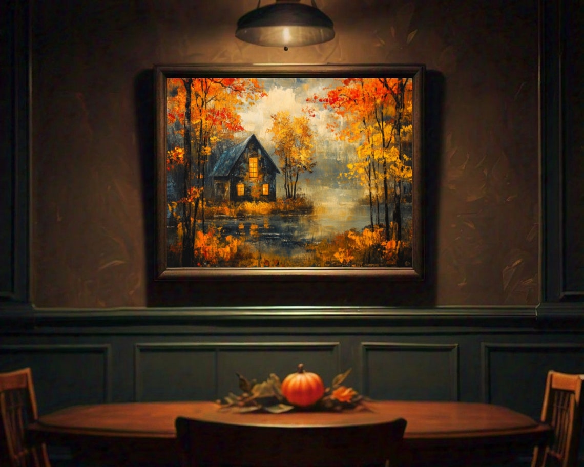 Lake Cabin Autumn Glowing Windows Misty Golden Trees Shore Poster - Image 2