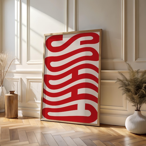 Bold Red Squiggle Abstract Line Modern Bauhaus Minimalist Wall Art