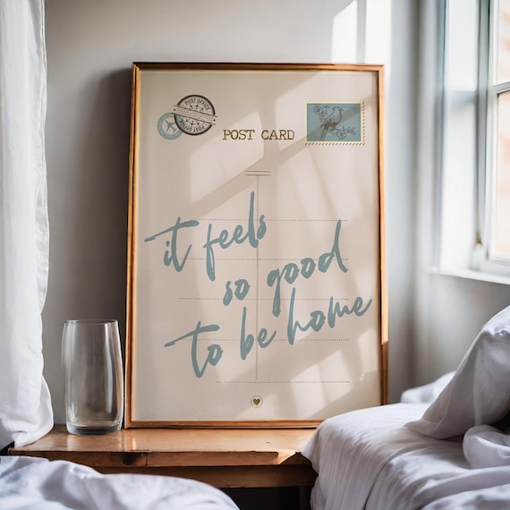 It Feels So Good To Be Home Print Vintage Postcard Wall Art Trendy Blue Retro Poster Cozy Cute Girly