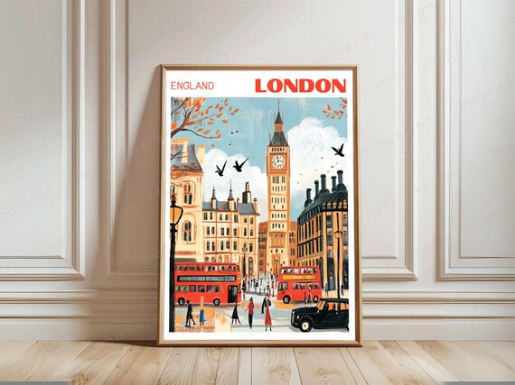 London City Travel Poster Handdrawn Illustration Print Big Ben Double Decker Bus Art Uk Wall Vintage Decor