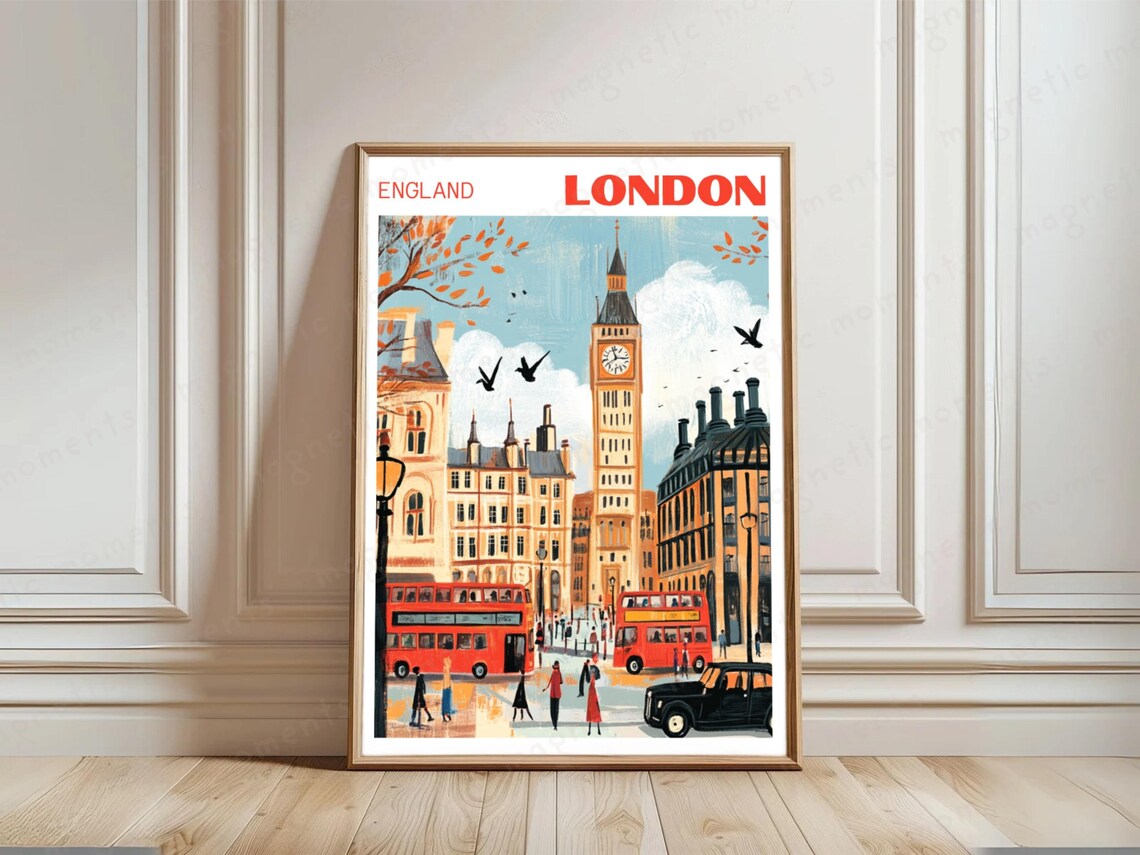 London Big Ben Red Buses Hand-Drawn England Street Travel Poster