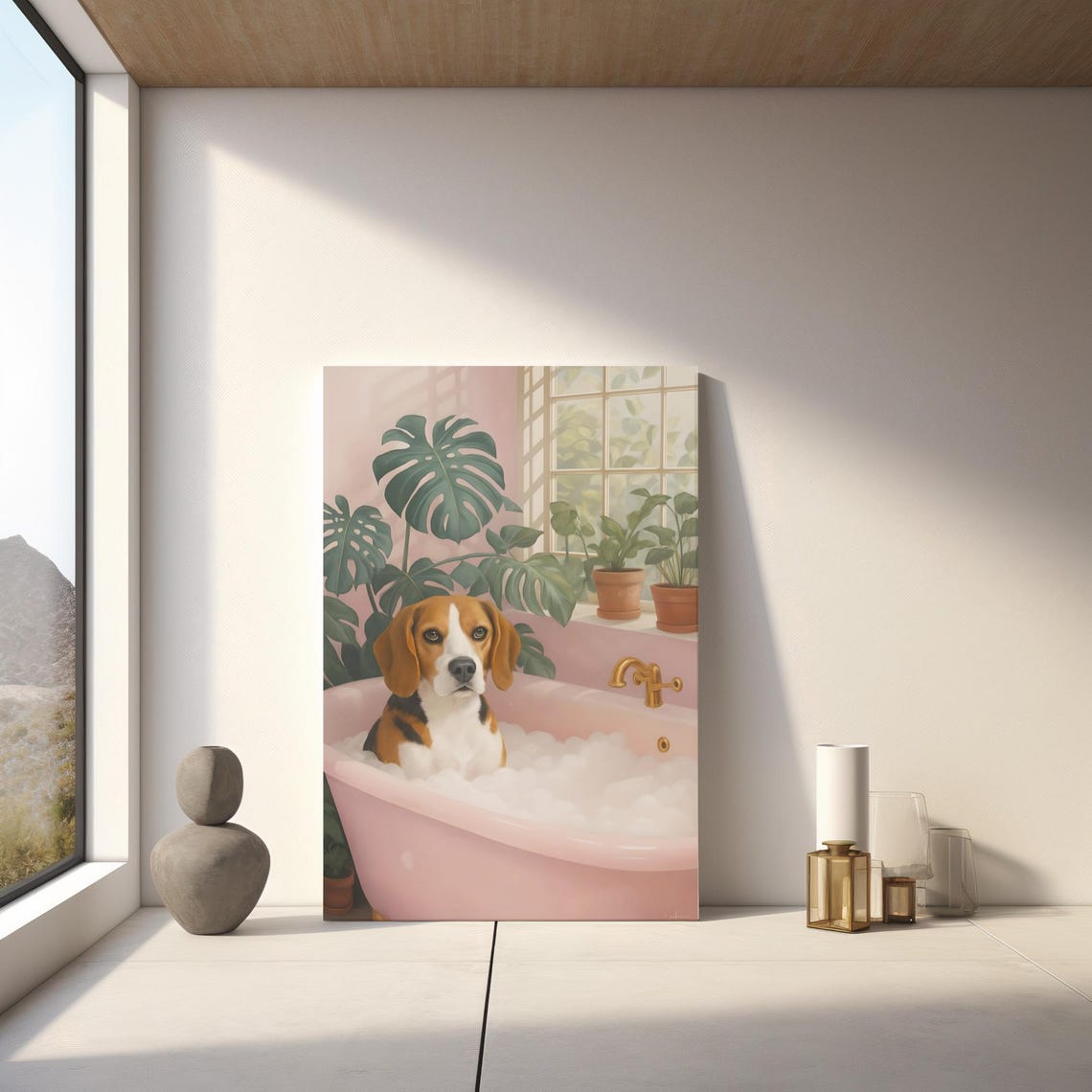 Beagle in Pink Bathtub Bubble Bath Funny Tri Color Dog Wall Poster