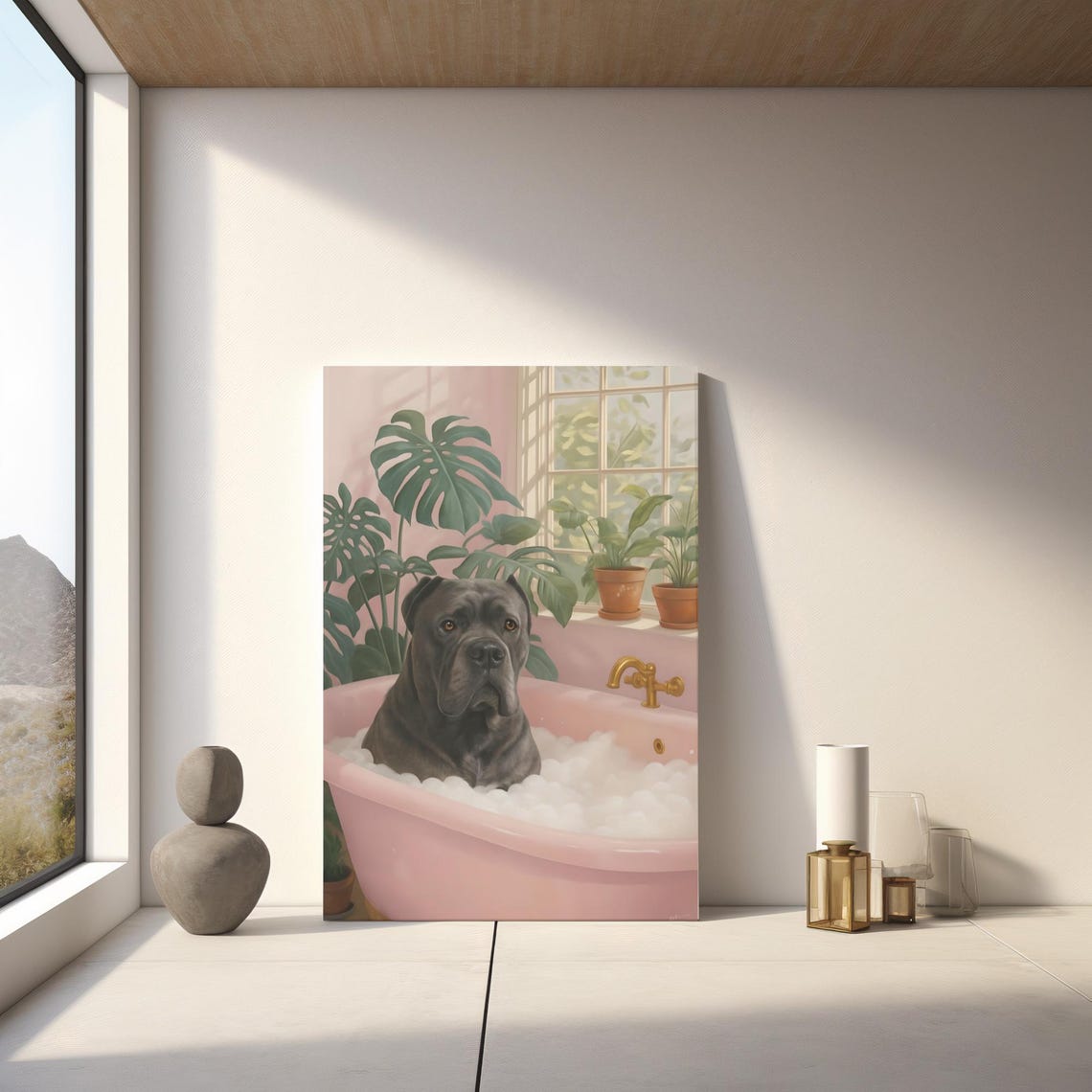 Cane Corso in Bubble Bath Pink Tub Funny Big Dog Wall Poster