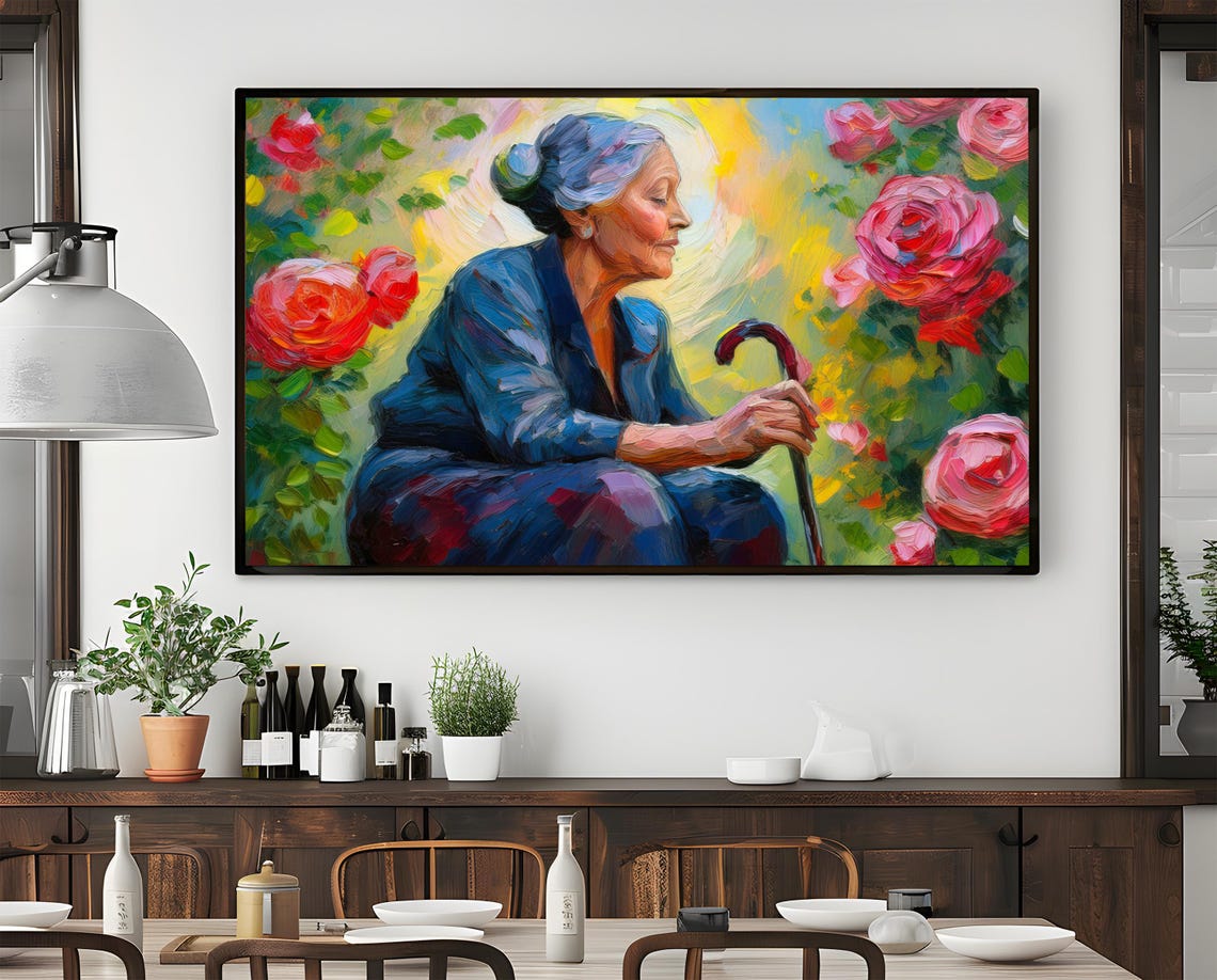 Portrait Of Wisdom Elderly Woman In A Garden Of Roses Colorful Wall Art Large Painting Heartwarming Senior Art Decor