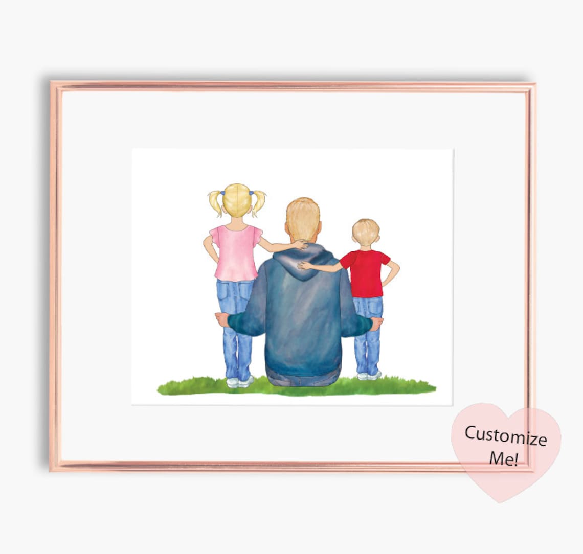 Dad and Two Kids Custom Portrait Poster Watercolor Father Keepsake Art