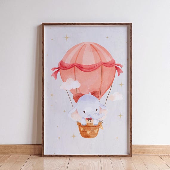 Hot Air Balloon Elephant Nursery Art, Baby Shower Gift