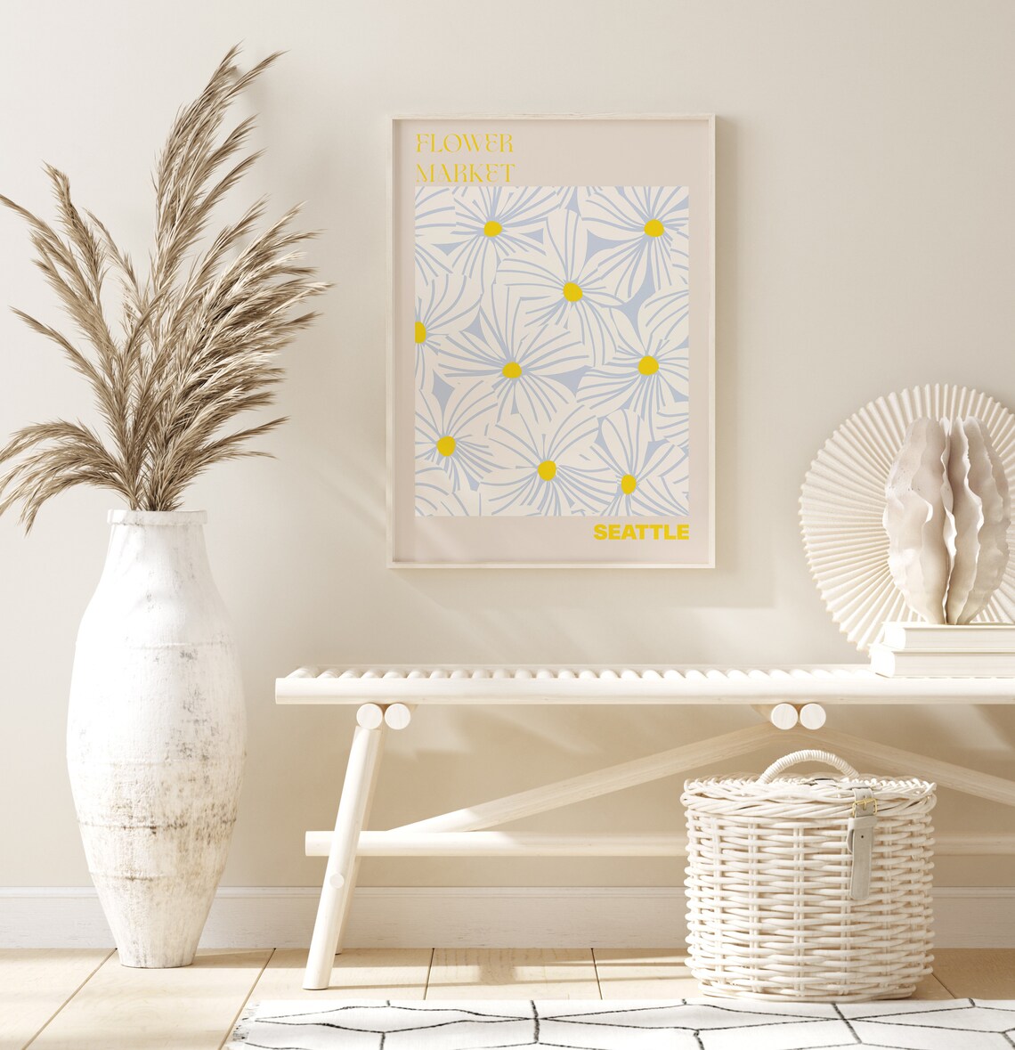 Seattle Flower Market Pale Blue Daisy Yellow Center Travel Poster - Image 2