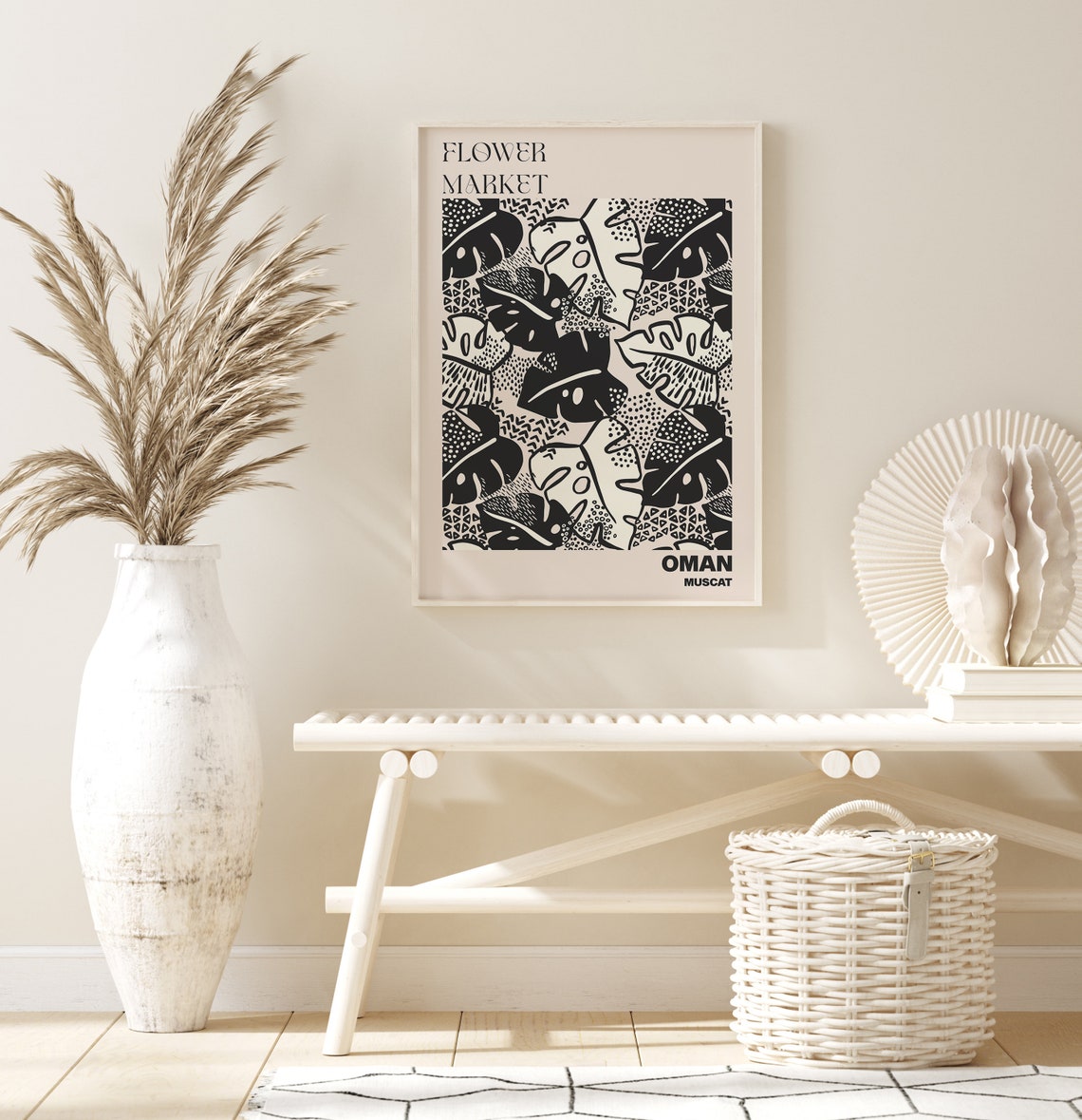 Oman Muscat Flower Market Monochrome Monstera Leaf Pattern Poster - Image 2