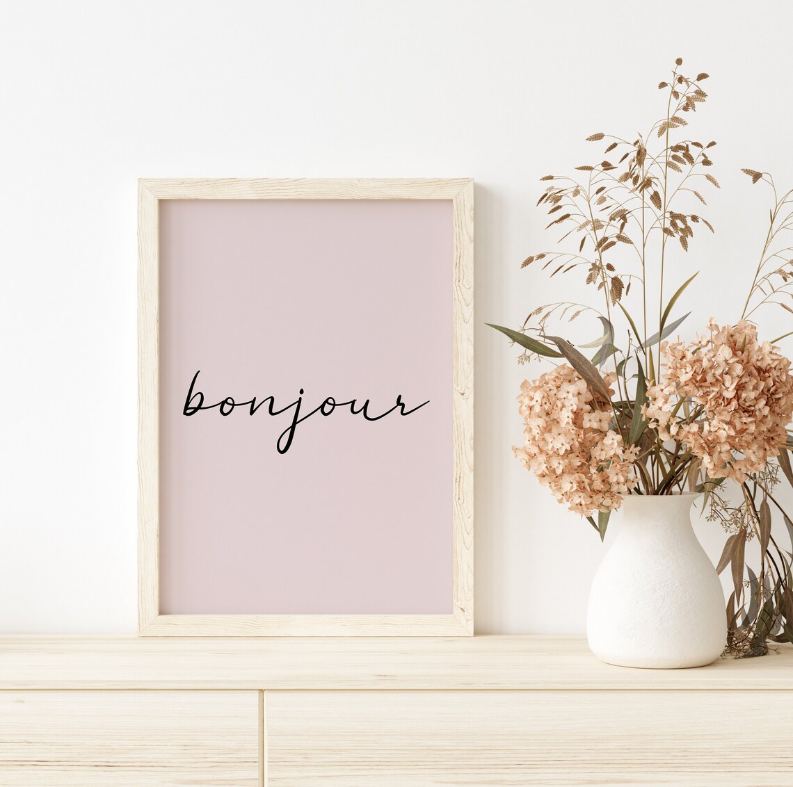Bonjour Black Script Typography Poster On Pale Pink For French Home Decor - Image 3