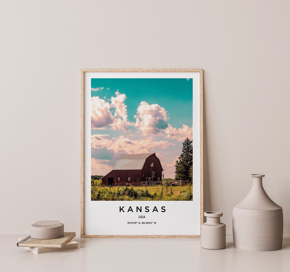 Kansas Red Barn Green Pasture Big Cloudy Sky Photo Travel Poster - Image 2