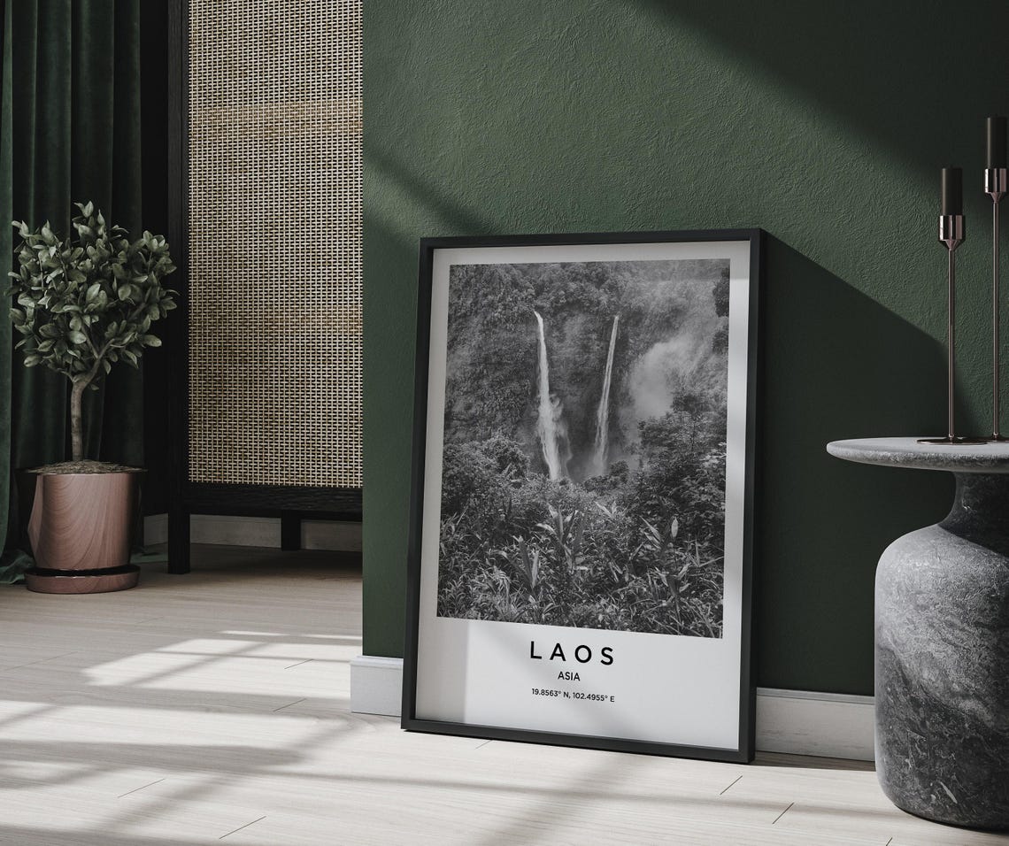 Laos Twin Jungle Waterfall Black White Nature Asia Travel Poster - Image 2