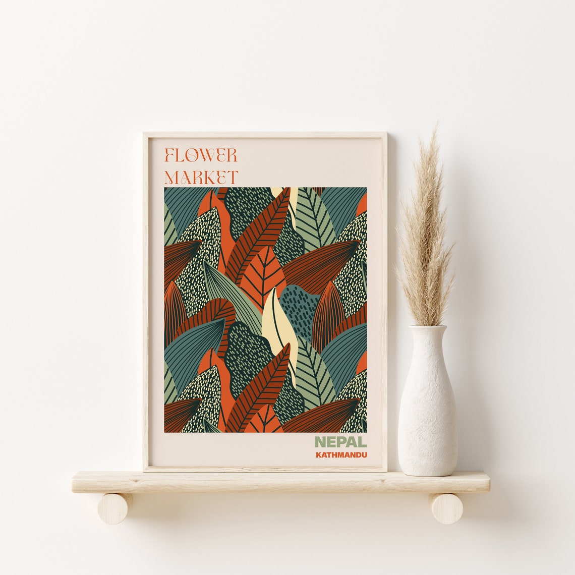 Nepal Flower Market Poster Kathmandu Rust Tropical Leaf Artwork - Image 3