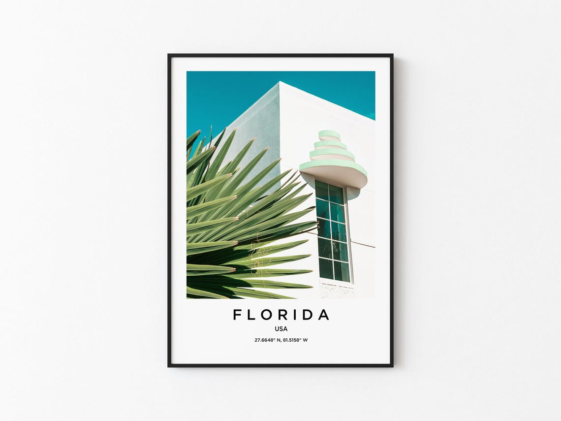 Florida USA White Art Deco Building With Palm Fronds Detail Poster