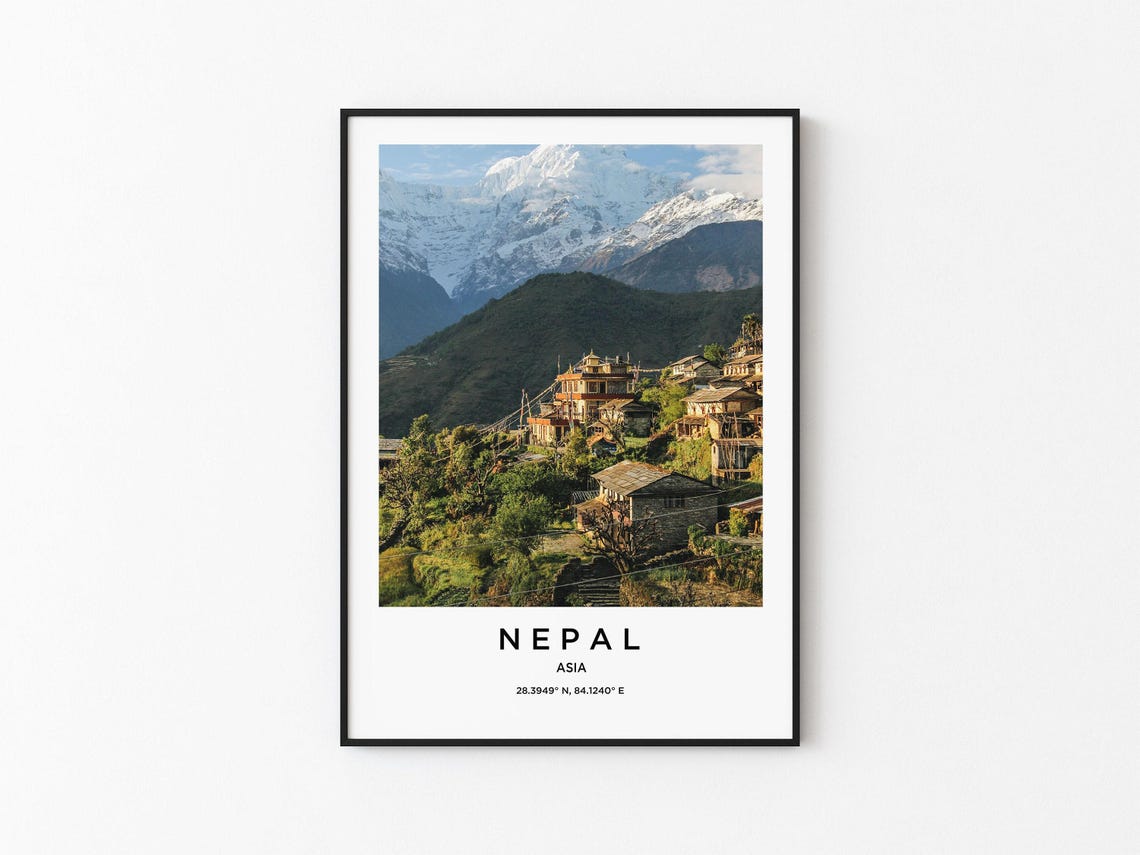 Nepal Asia Himalayan Village Beneath Snow Capped Peaks Poster