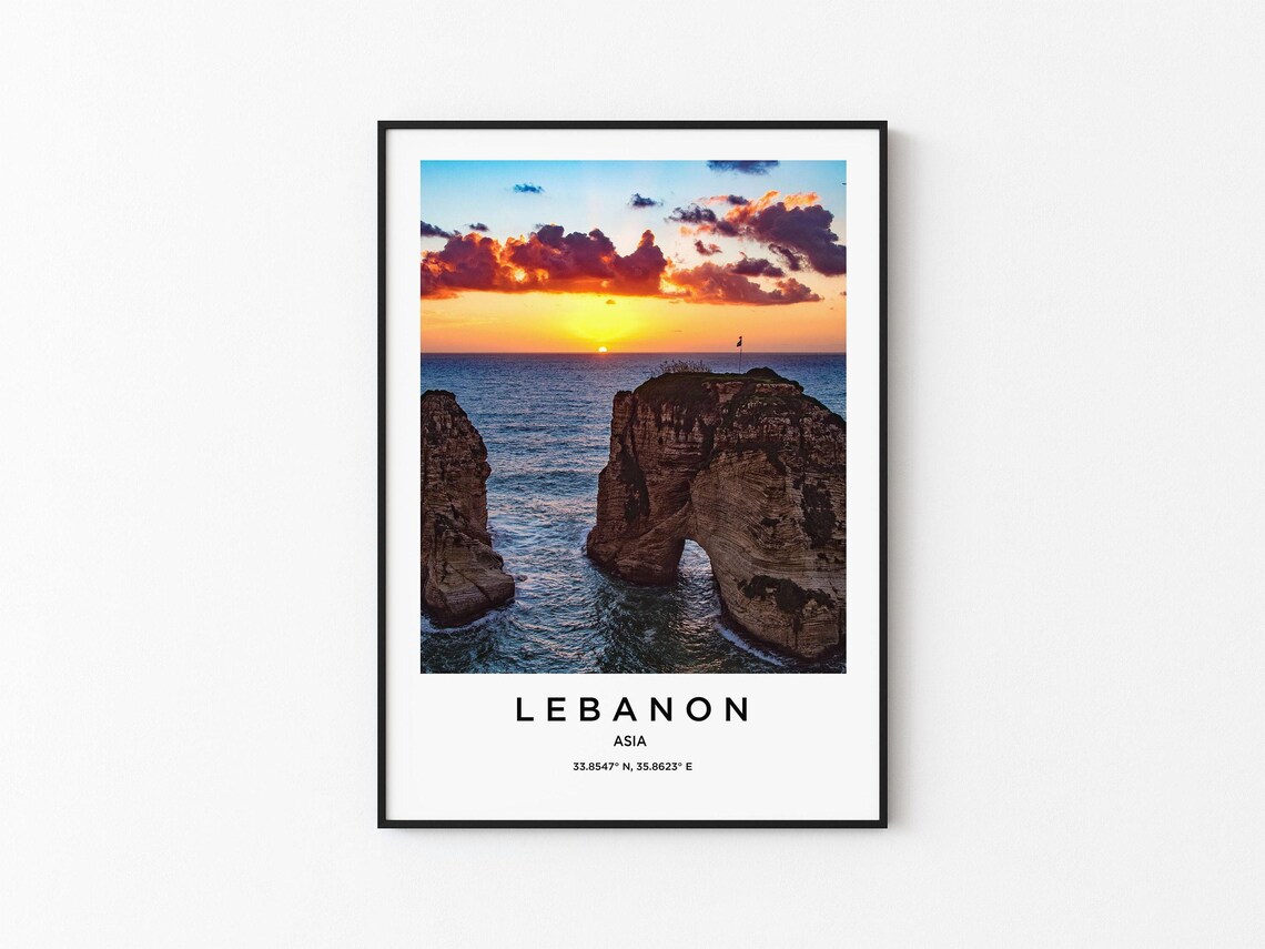 Lebanon Sea Rock Arch Sunset Mediterranean Coastline Travel Poster