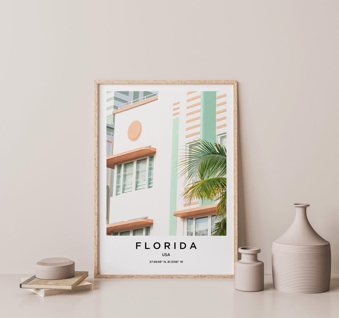Florida Pastel Art Deco Facade with Palm Fronds Soft Sunlight Poster - Image 2