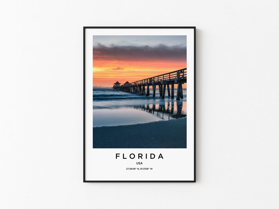 Florida Fishing Pier at Sunset Ocean Reflection Coastal Scene Poster
