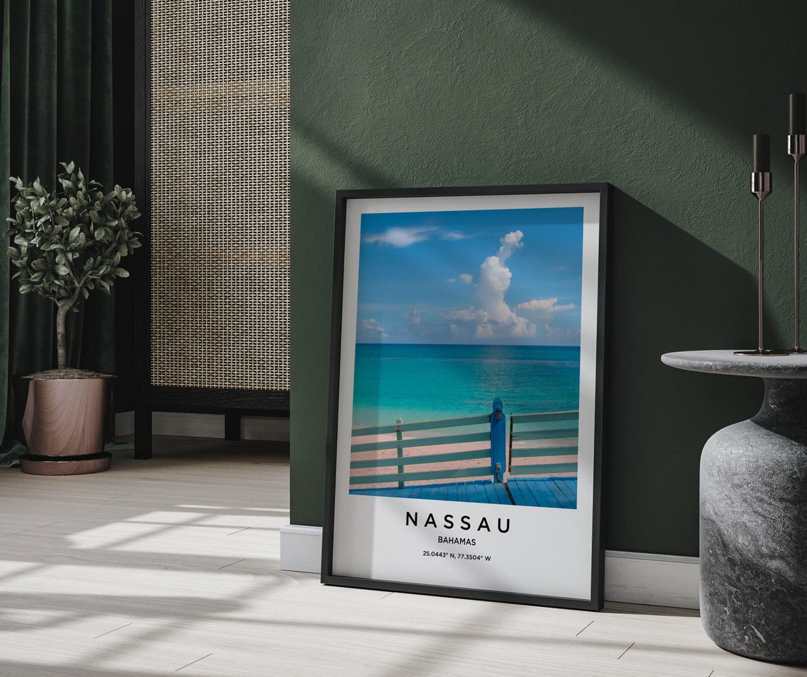 Nassau Bahamas Turquoise Sea White Beach Railing Travel Poster - Image 2