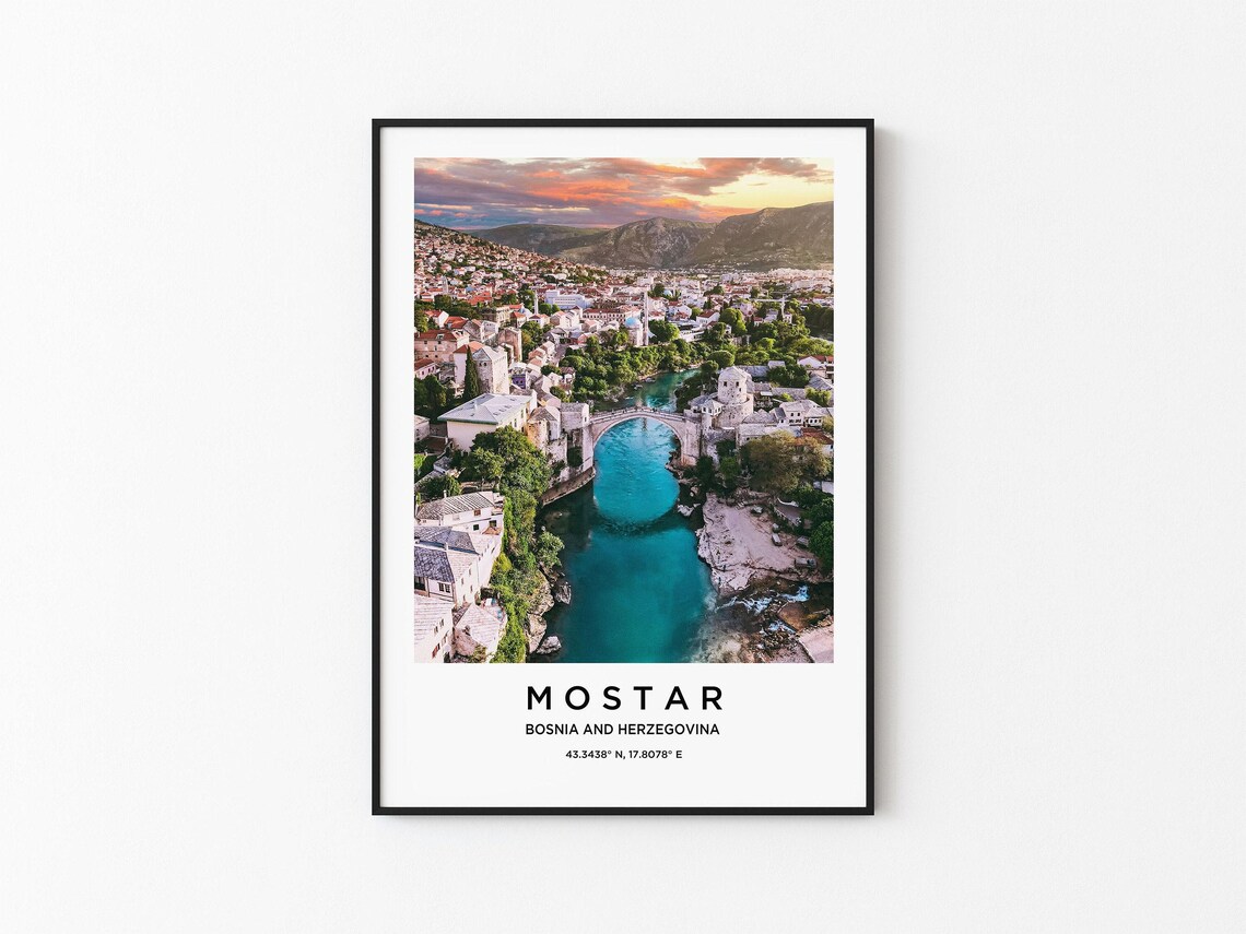 Mostar Bosnia and Herzegovina Old Bridge Sunset Aerial Travel Poster