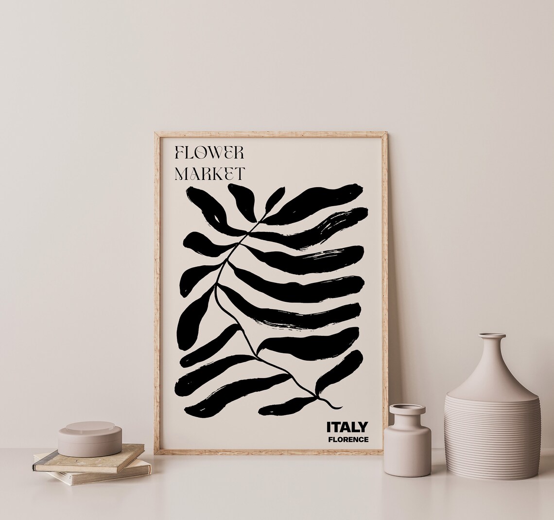 Italy Flower Market Florence Black Brushstroke Leaf Art Poster - Image 3