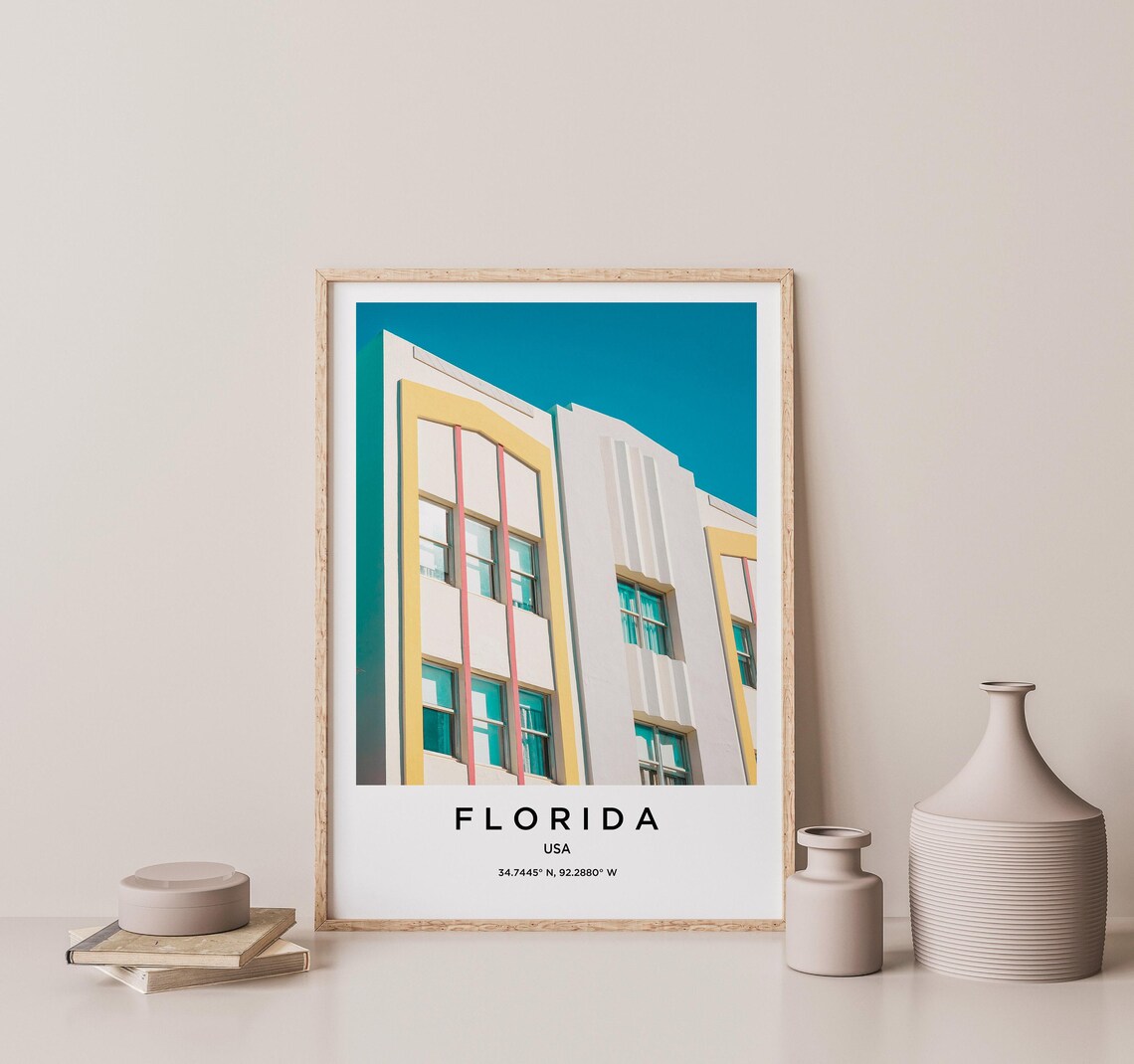 Florida Pastel Art Deco Facade Pink Yellow Photo Travel Poster - Image 2