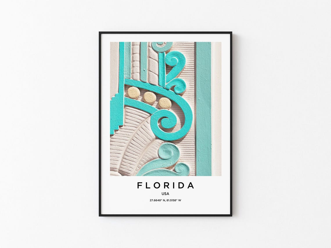 Florida Art Deco Teal Ornament Facade Detail Graphic Photo Poster