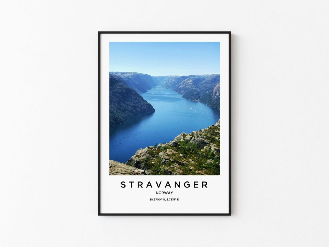 Stravanger Norway Fjord Aerial Blue Water Minimalist Travel Poster