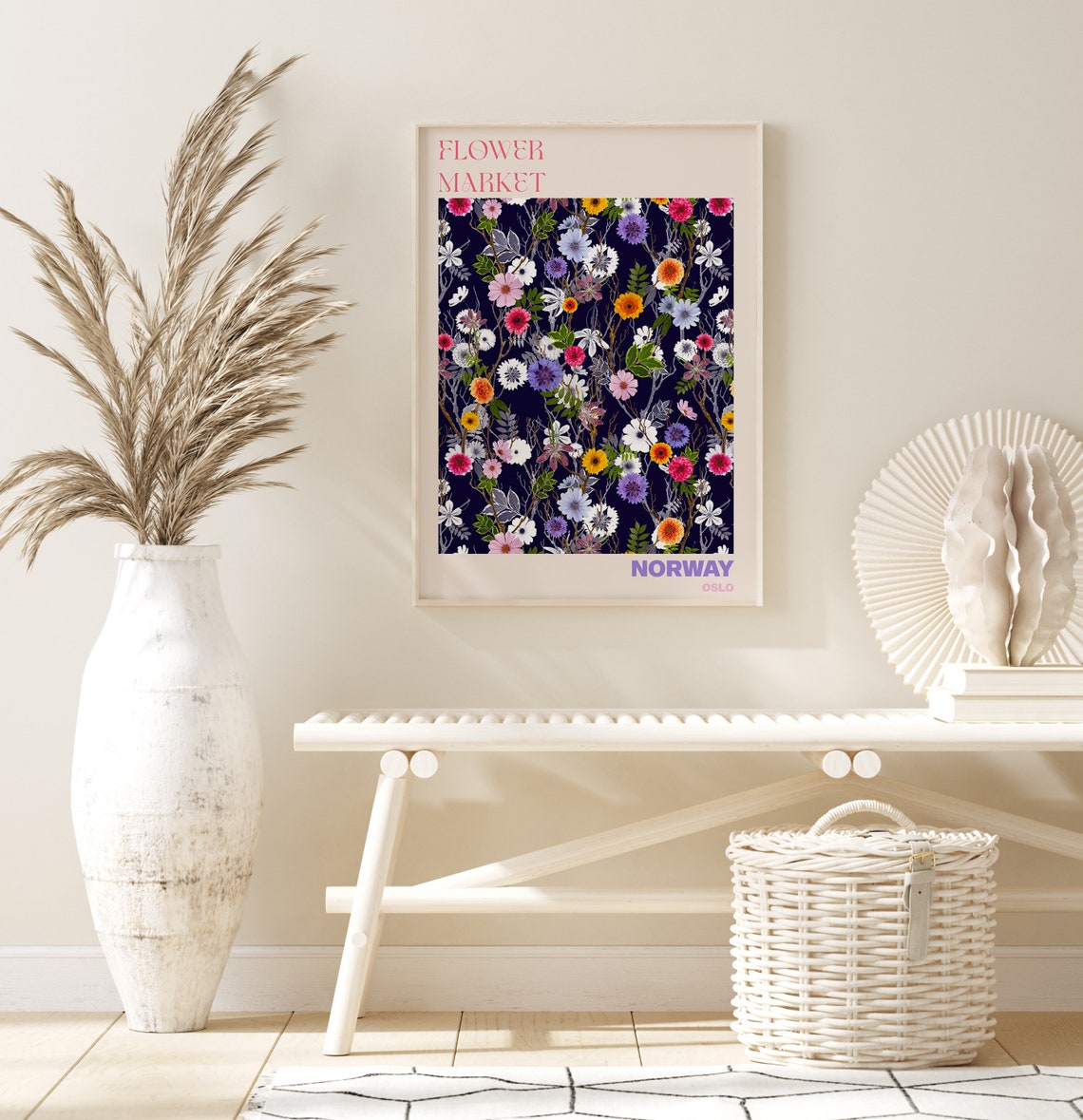 Flower Market Norway Oslo Night Garden Floral Deep Navy Poster - Image 2
