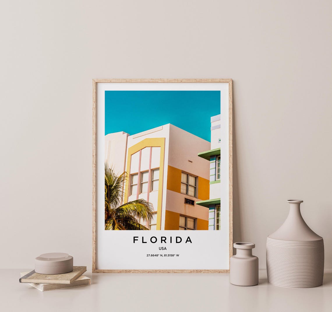 Florida Pastel Art Deco Building Vivid Teal Sky Travel Poster - Image 2