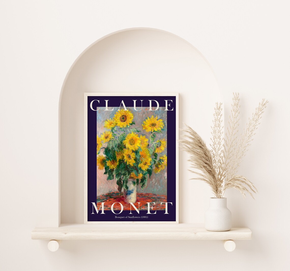 Claude Monet Bouquet of Sunflowers 1881 Golden Deep Navy Poster - Image 2