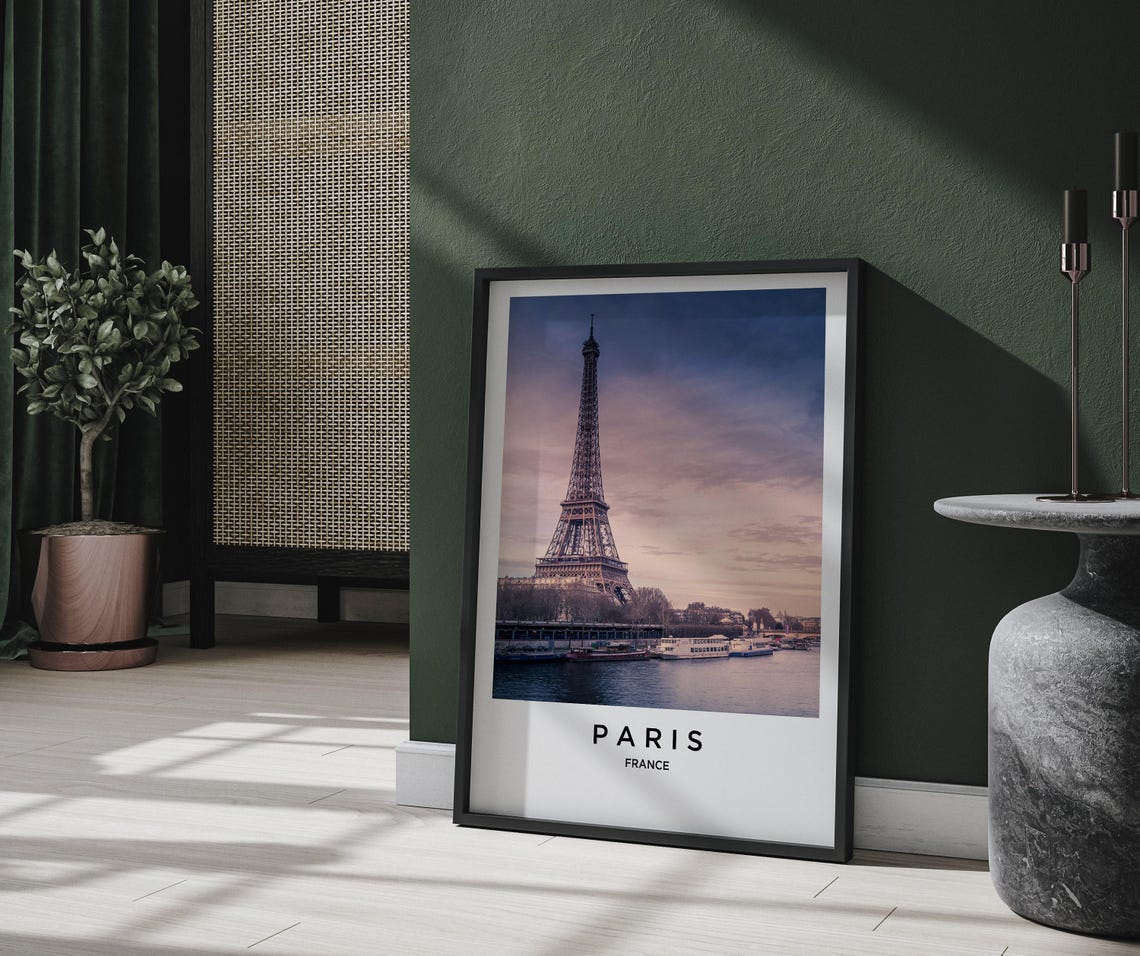 Paris France Eiffel Tower Seine River Dusk Boats Skyline Poster - Image 2