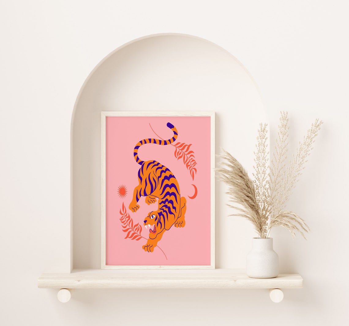 Orange Tiger Folk Art Illustration Pink Background Wall Print - Image 2