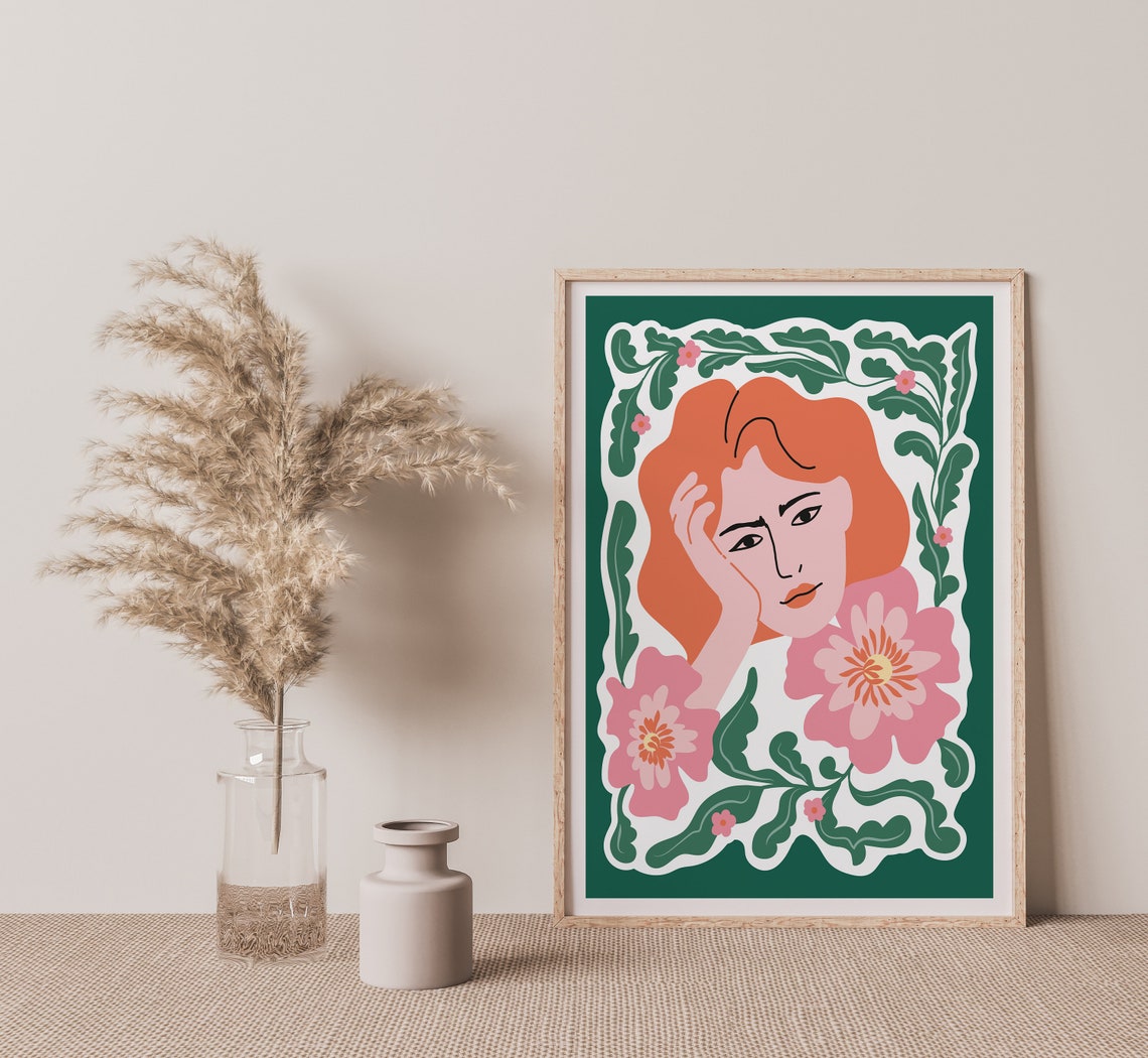 Art Nouveau Red Haired Woman Pink Flowers Green Portrait Poster - Image 2
