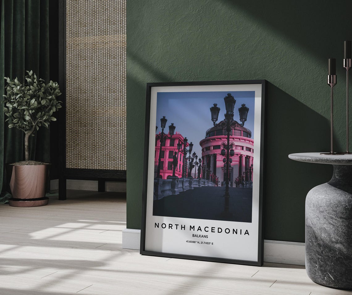 North Macedonia Balkans Old Stone Bridge With Lanterns at Dusk Poster - Image 2