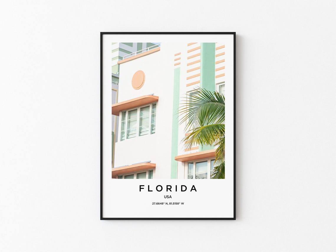 Florida Pastel Art Deco Facade with Palm Fronds Soft Sunlight Poster