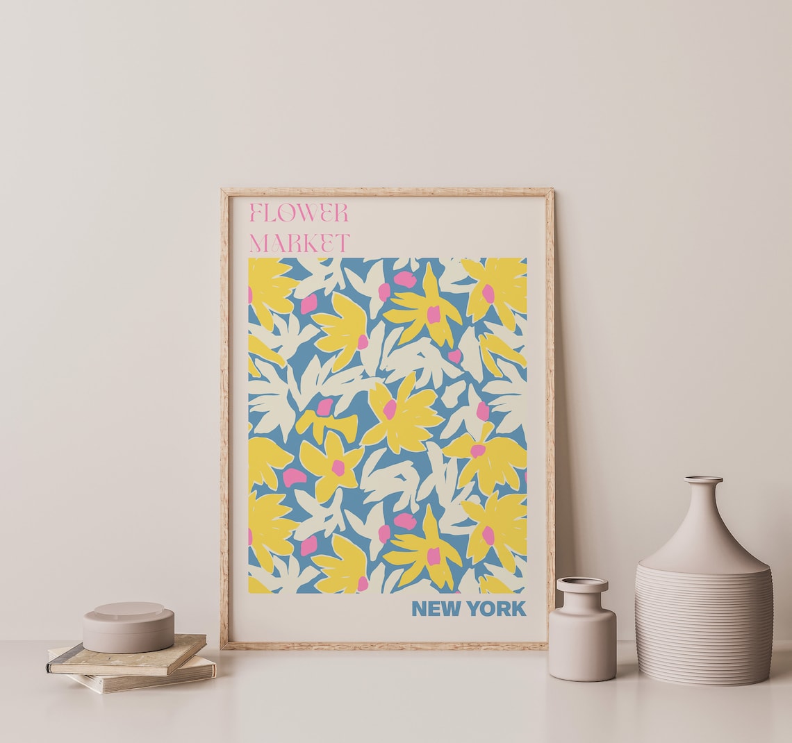 New York Flower Market Yellow Bloom Blue Botanical Art Poster - Image 3