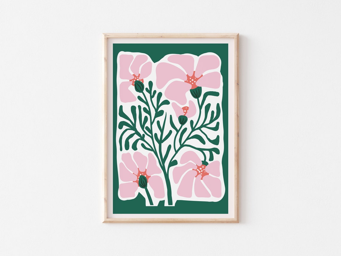 Bold Pink Flowers Deep Green Modern Floral Botanical Art Poster - Image 3