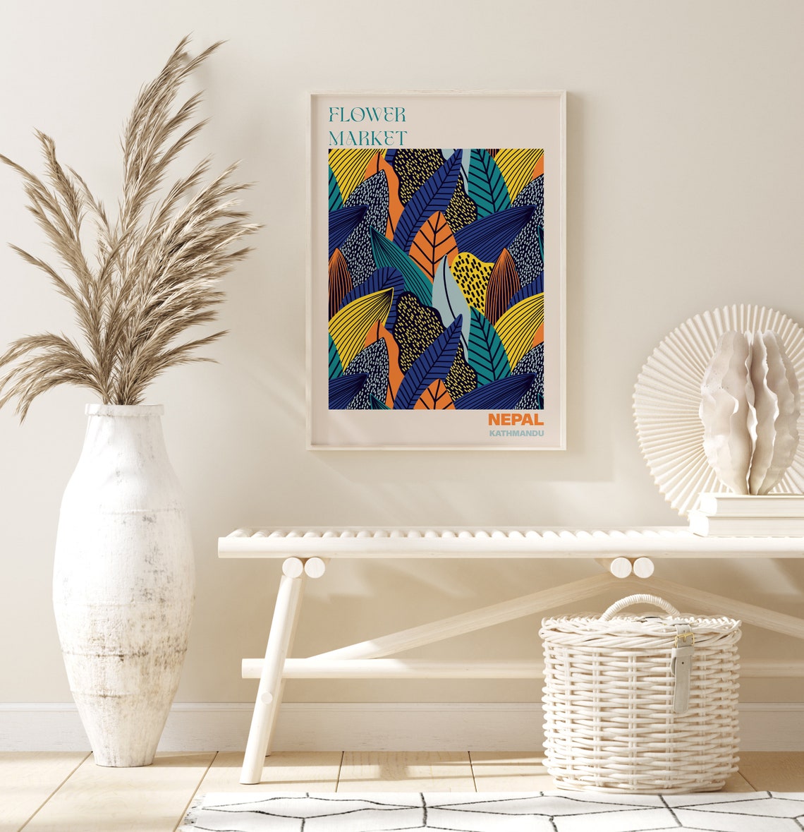 Nepal Kathmandu Flower Market Bold Tropical Leaf Pattern Art Poster - Image 2