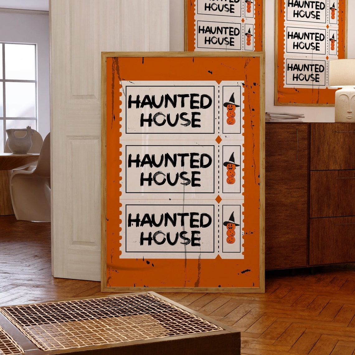 Haunted House Orange Ticket Halloween Vintage Spooky Wall Print