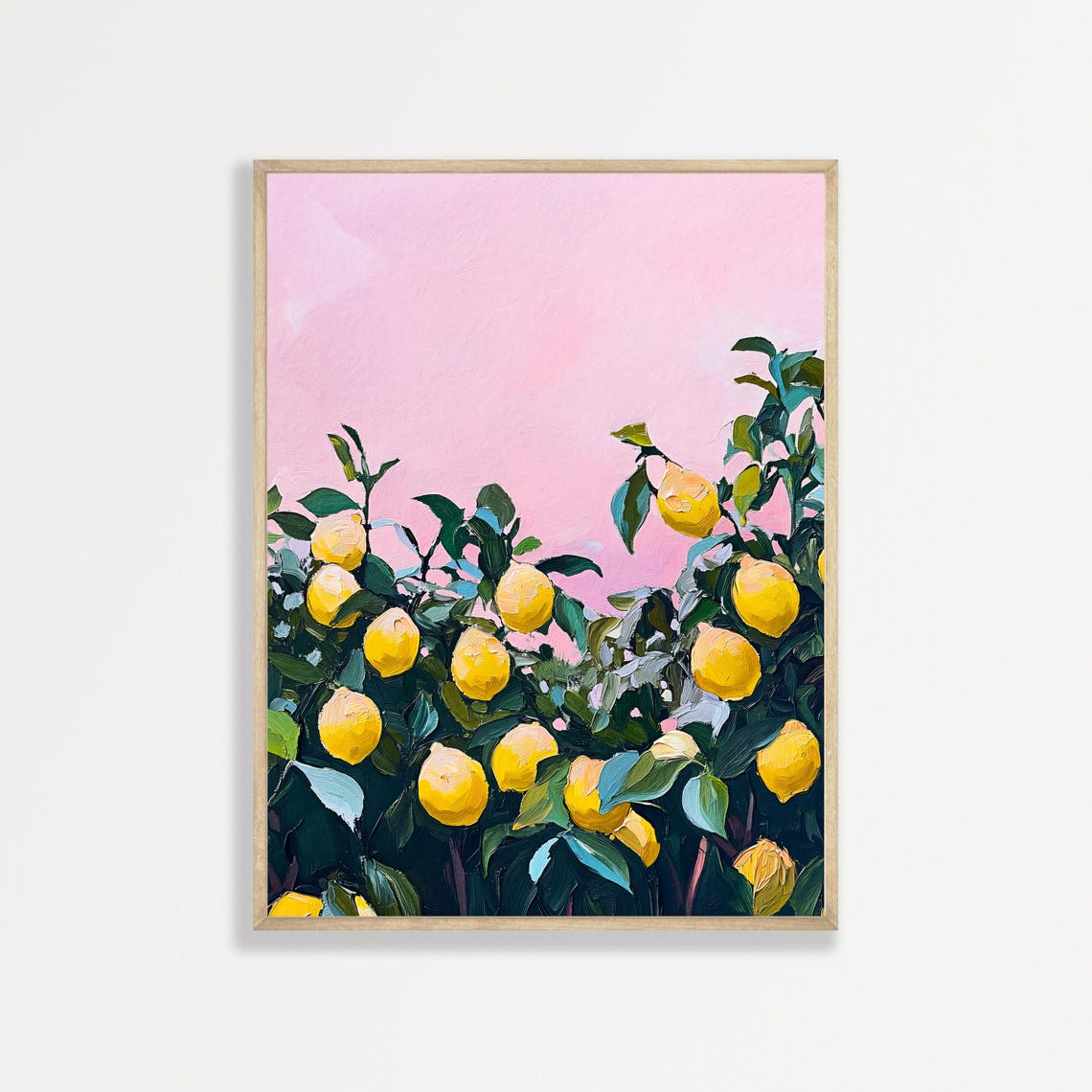 Lemon Tree Pink Sky Yellow Lemons Bold Botanical Retro Art Poster