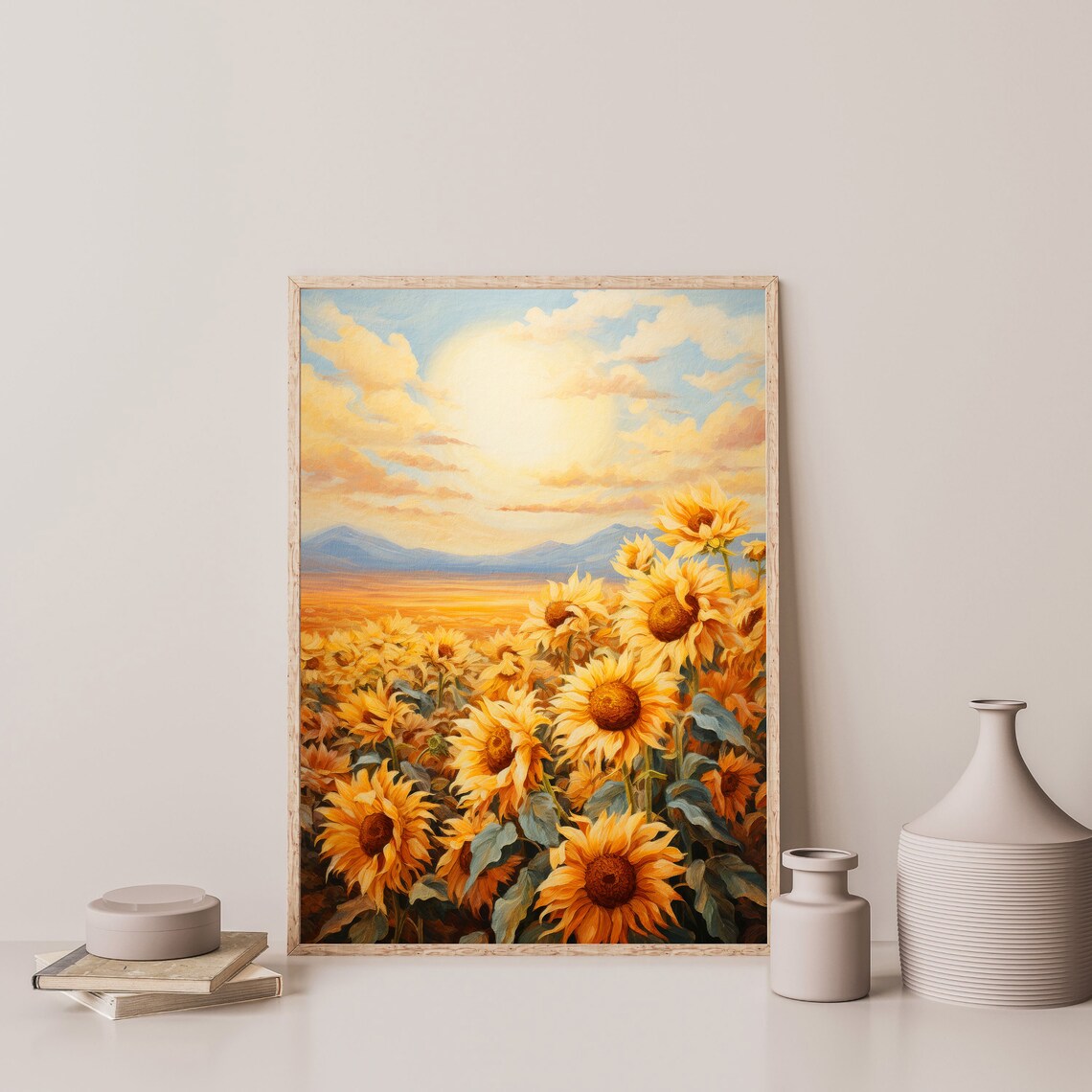 Sunflower Field Golden Sunset Mountain Horizon Vibrant Floral Poster - Image 3
