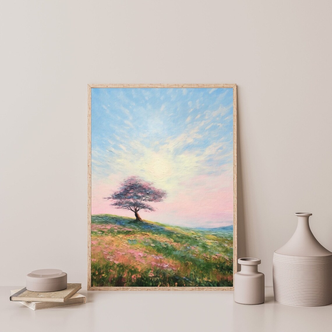 Lone Tree Retro Landscape Art Print, Pink Pastel - Image 3