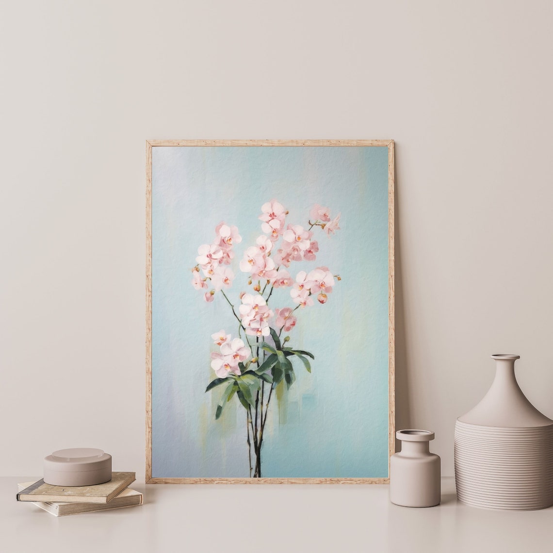 Pink Orchid Stems Pastel Blue Minimal Botanical Flower Poster - Image 3