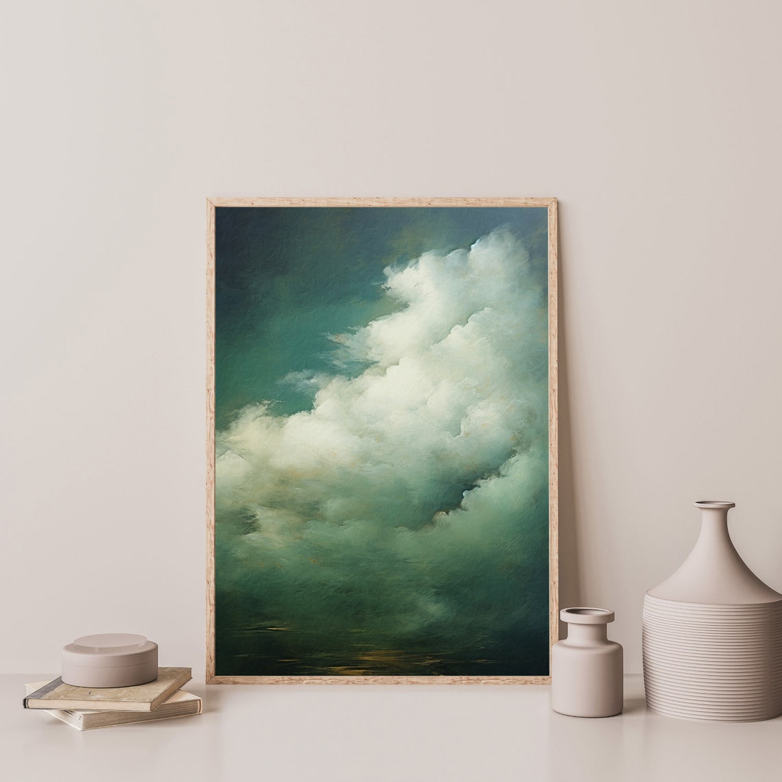 White Clouds Dark Teal Sky Moody Minimalist Abstract Cloud Poster - Image 3